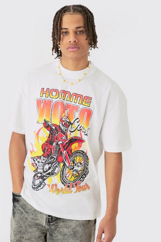 Oversize T-Shirt mit Homme Moto Print