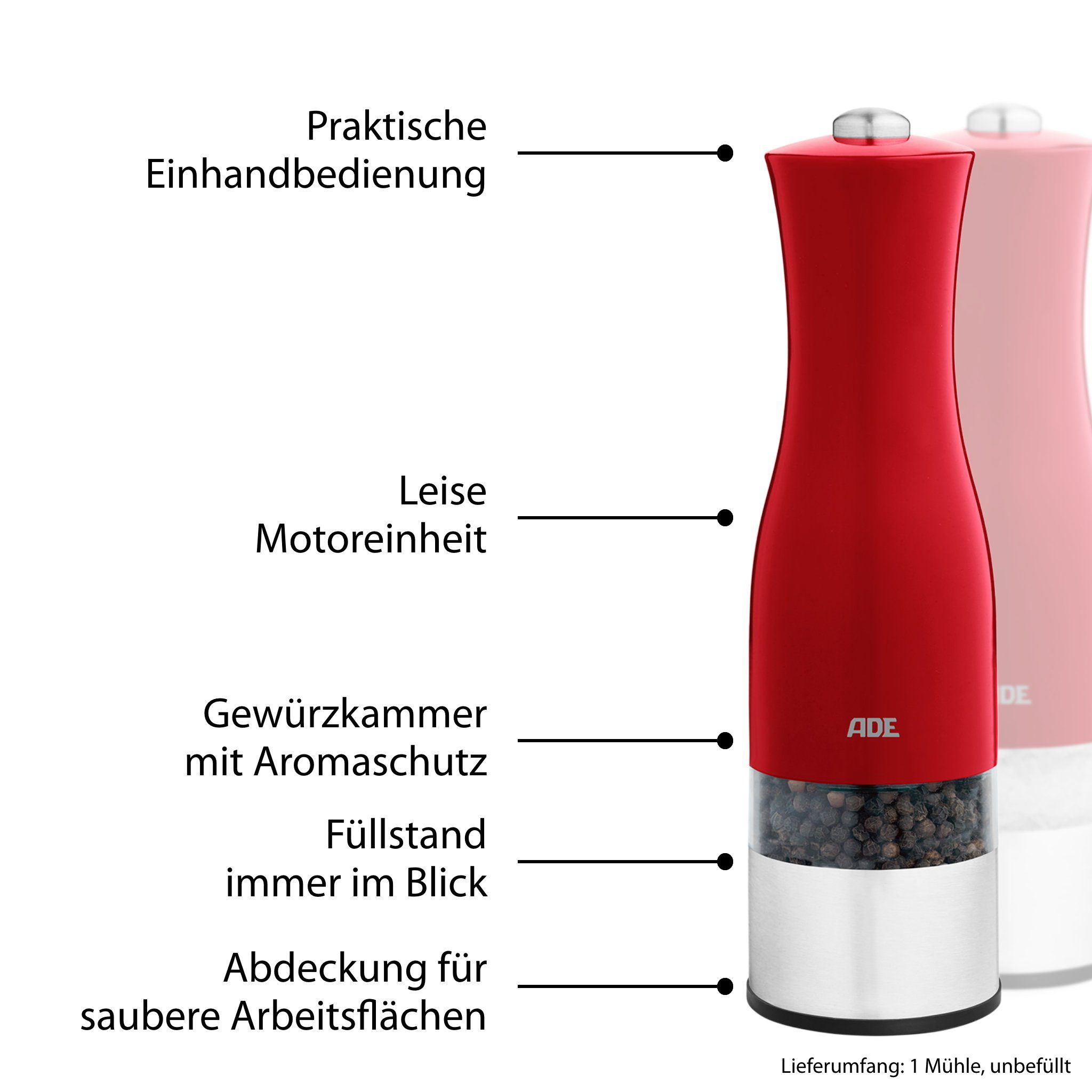ADE Gewürzmühle Salzmühle oder Pfeffermühle elektrisch, stufenlos einstellbar, Einhandbedienung, Keramik-Mahlwerk