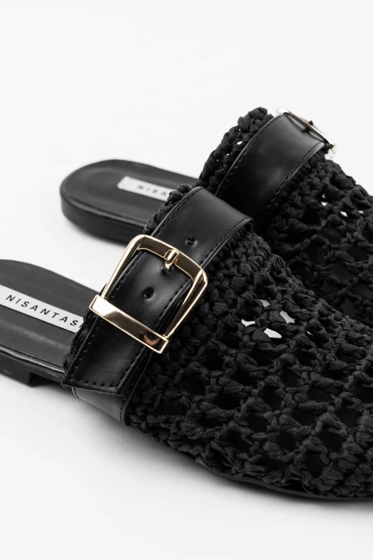 NİŞANTAŞI SHOES  Beste schwarze gestrickte Damenhausschuhe mit Gürteldetail und flacher Sohle
