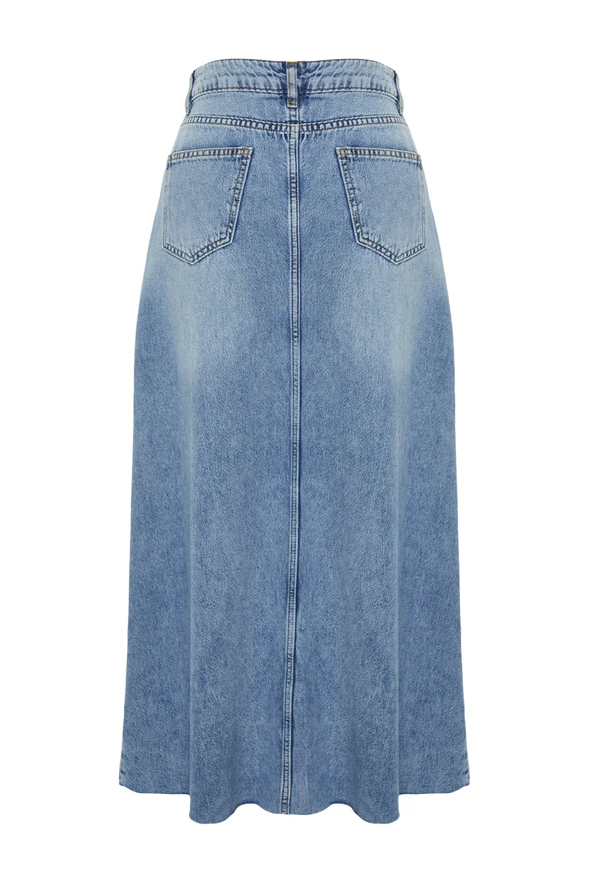 Trendyol Collection  Blauer Volant-Näh-detaillierter Maxi-Jeansrock mit hoher Taille TWOSS24ET00012