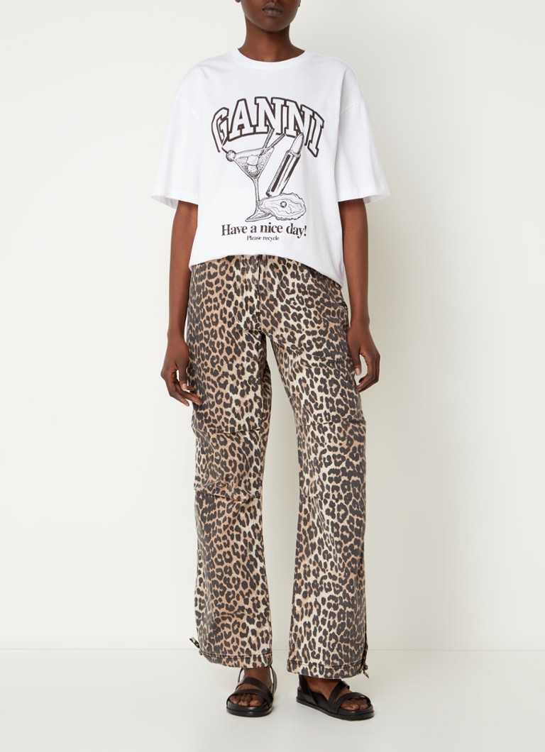 Pantaloni Ganni a vita alta e gamba larga in misto cotone biologico con stampa leopardata