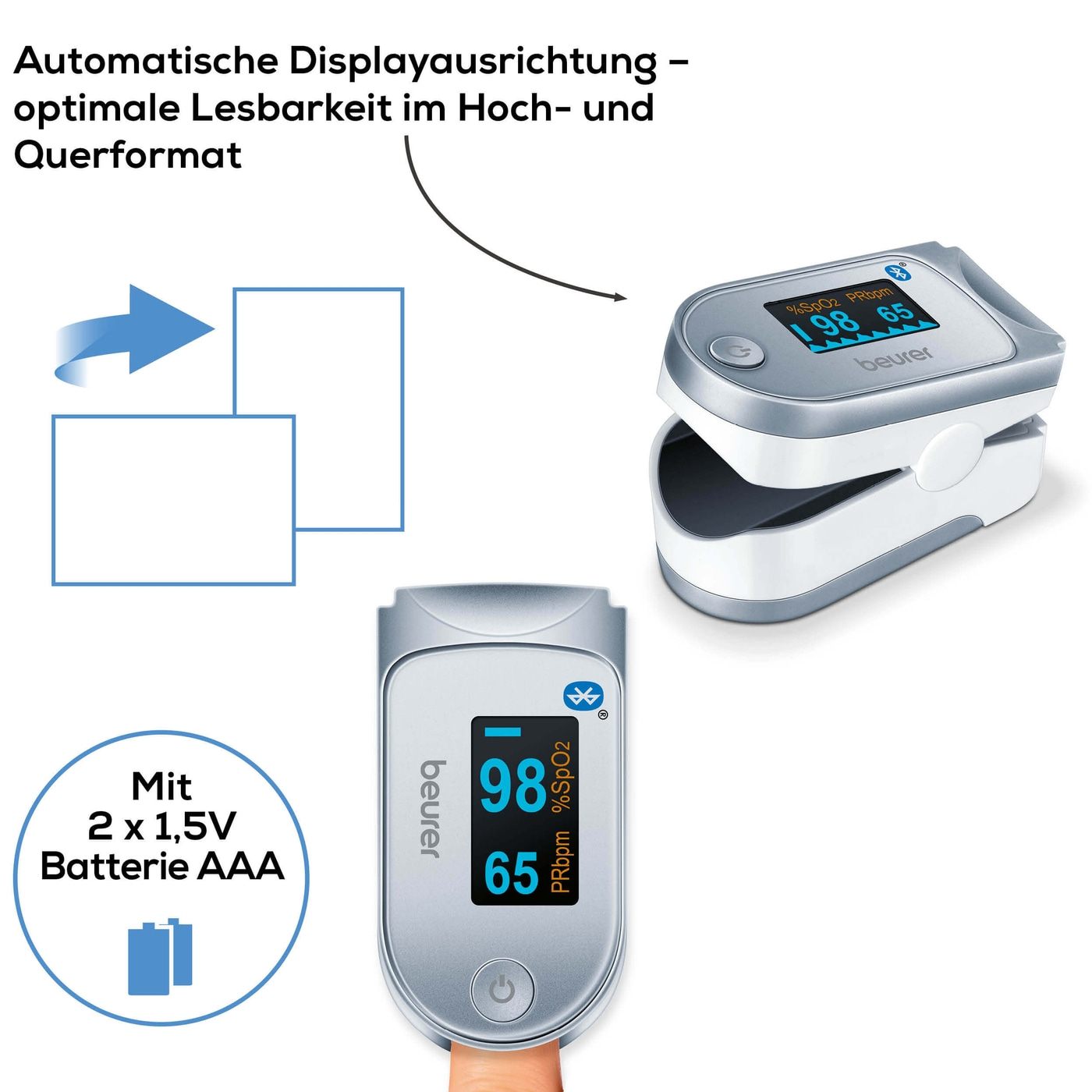 Beurer Pulsoximeter PO 60 <i>Bluetooth</i>®-Pulsoximeter zur Messung der Sauerstoffsättigung & Herzfrequenz mit App-Anbindung