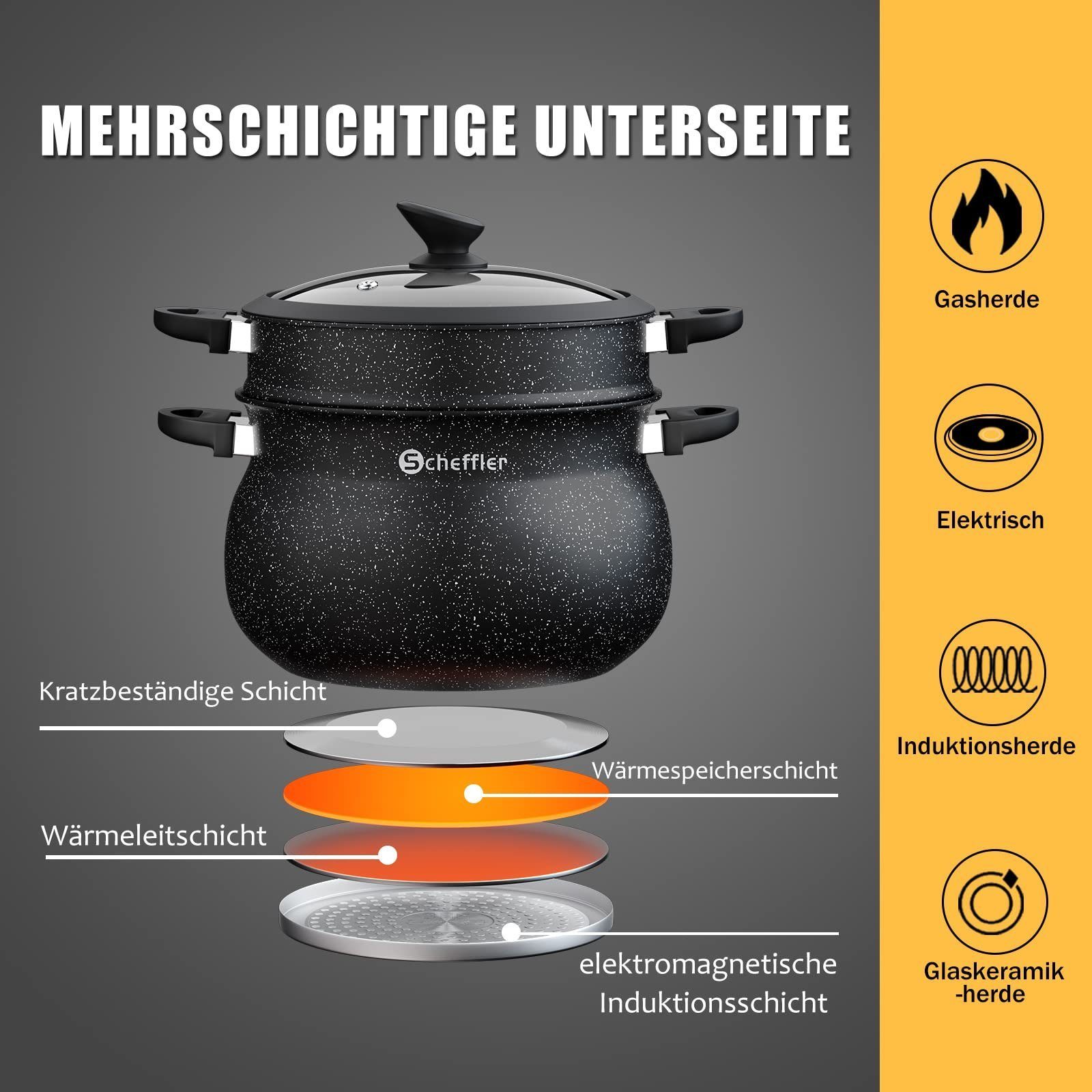 Scheffler Dampfgartopf Kochtopf Dämpfer, Glasdeckel Induktion Topf, Suppentopf, Aluminium, Induktionsgeeignet