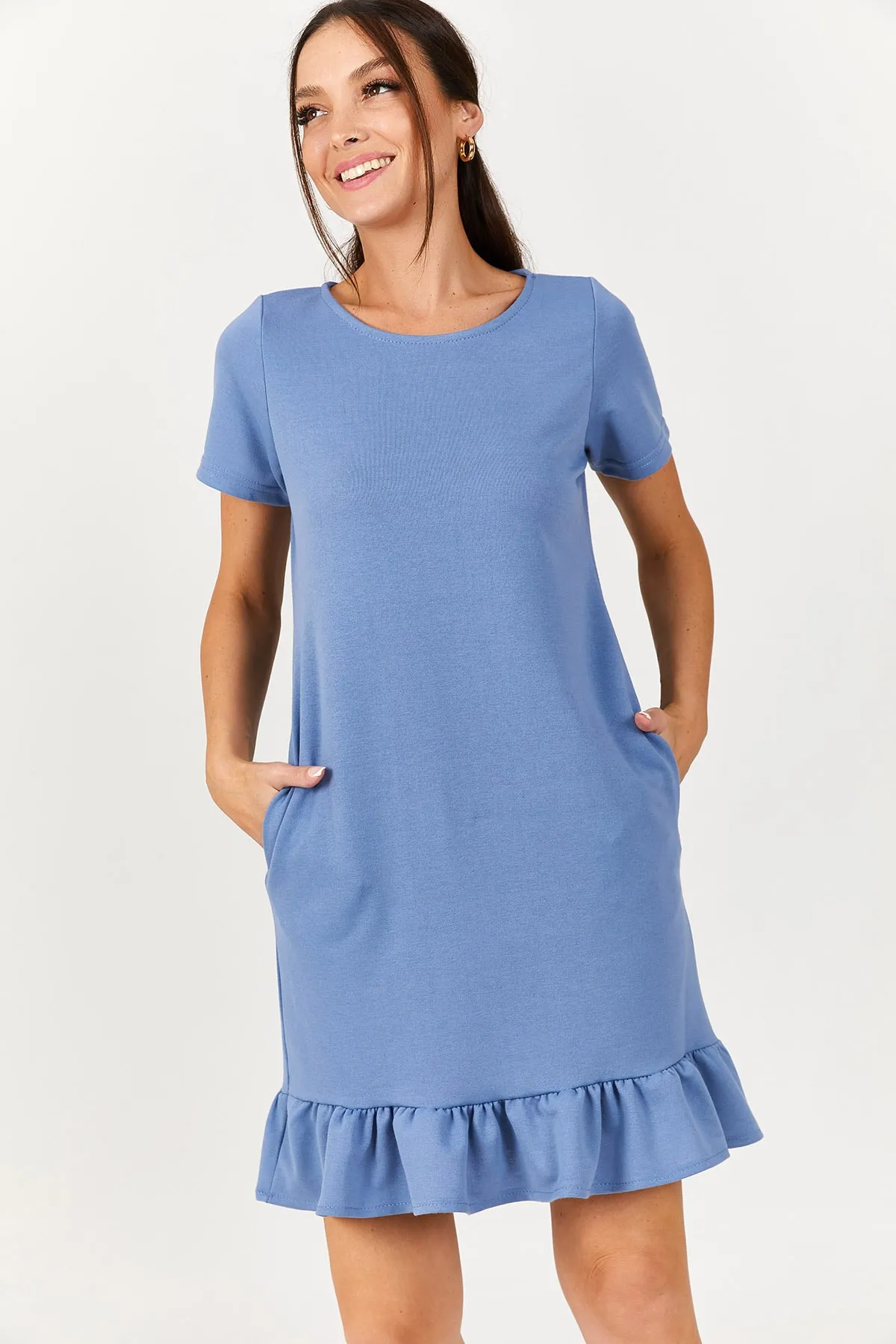 armonika  Damenkleid in Eisblau mit kurzen Ärmeln und sechs Rüschen ARM-20Y001032