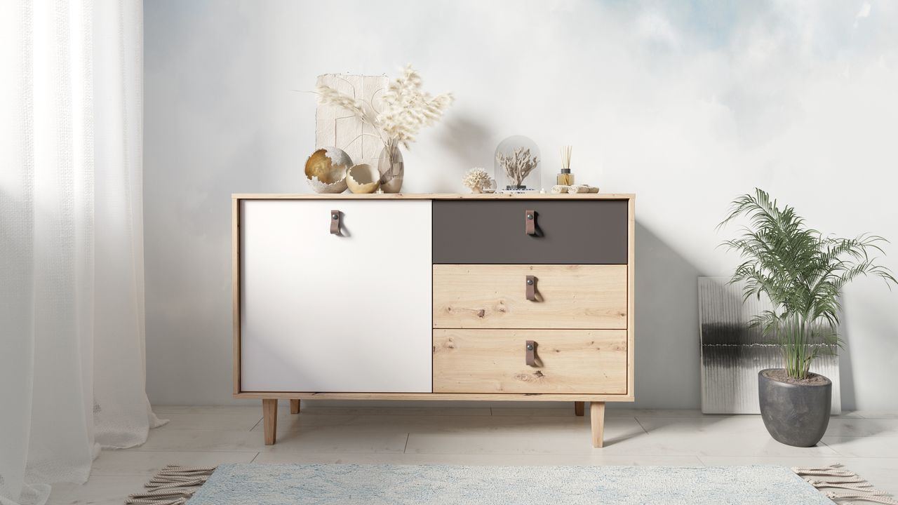 byLiving BILL Sideboard, Breite 120 cm, Eiche-Optik, matt weiß anthrazit