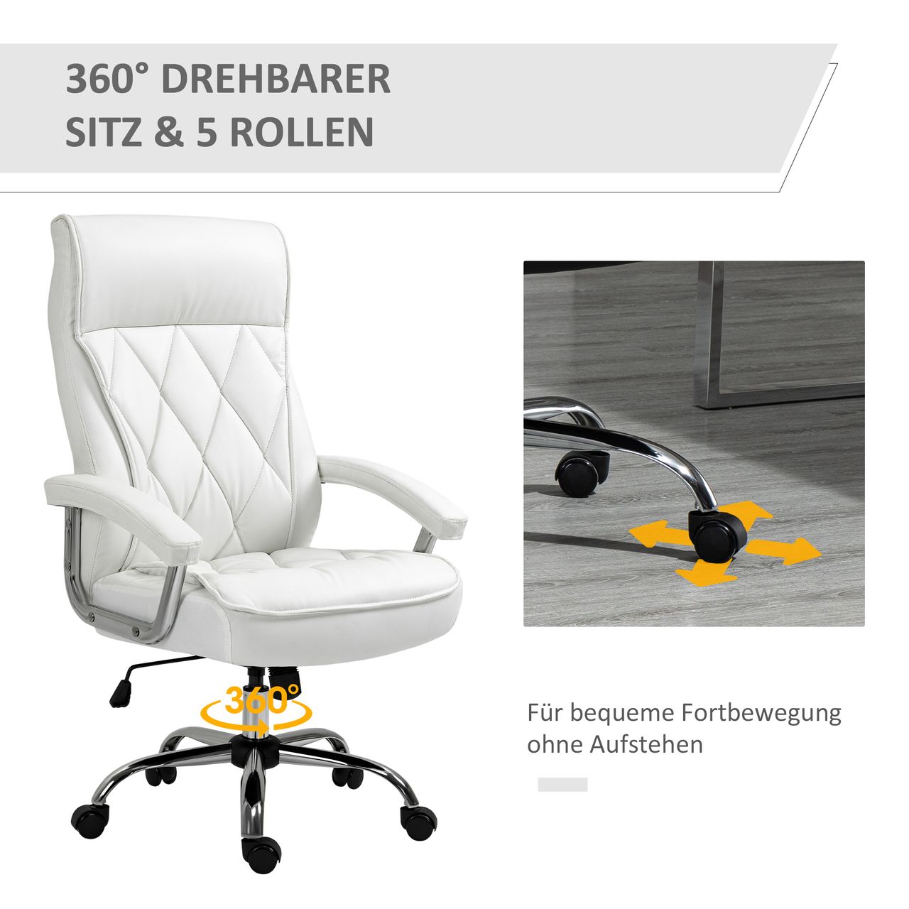 HOMCOM Chefsessel Bürostuhl Schreibtischstuhl Drehstuhl ergonomisch mit Wippenfunktion höhenverstellbar Rautenmuster modern elegant luxuriös PU-Leder Metall Schaumstoff Weiß 66x69x121 cm