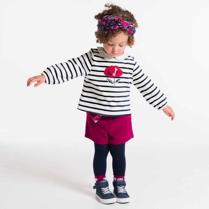 Sweat molleton rayé fleur brodée blanc bébé fille