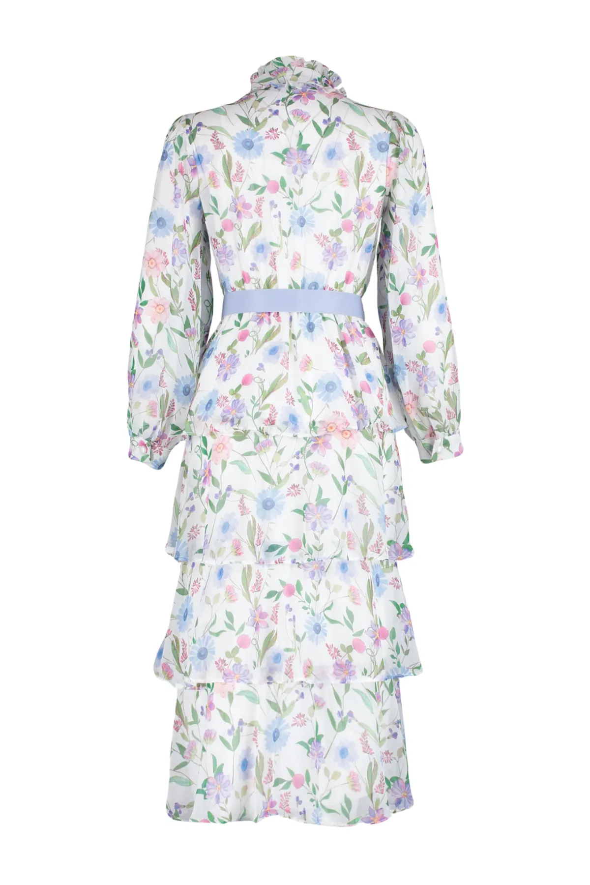 Trendyol Modest  Blaues, mit Gürtel gefüttertes, gewebtes Kleid aus Chiffon mit Blumenmuster TCTSS24EB00024