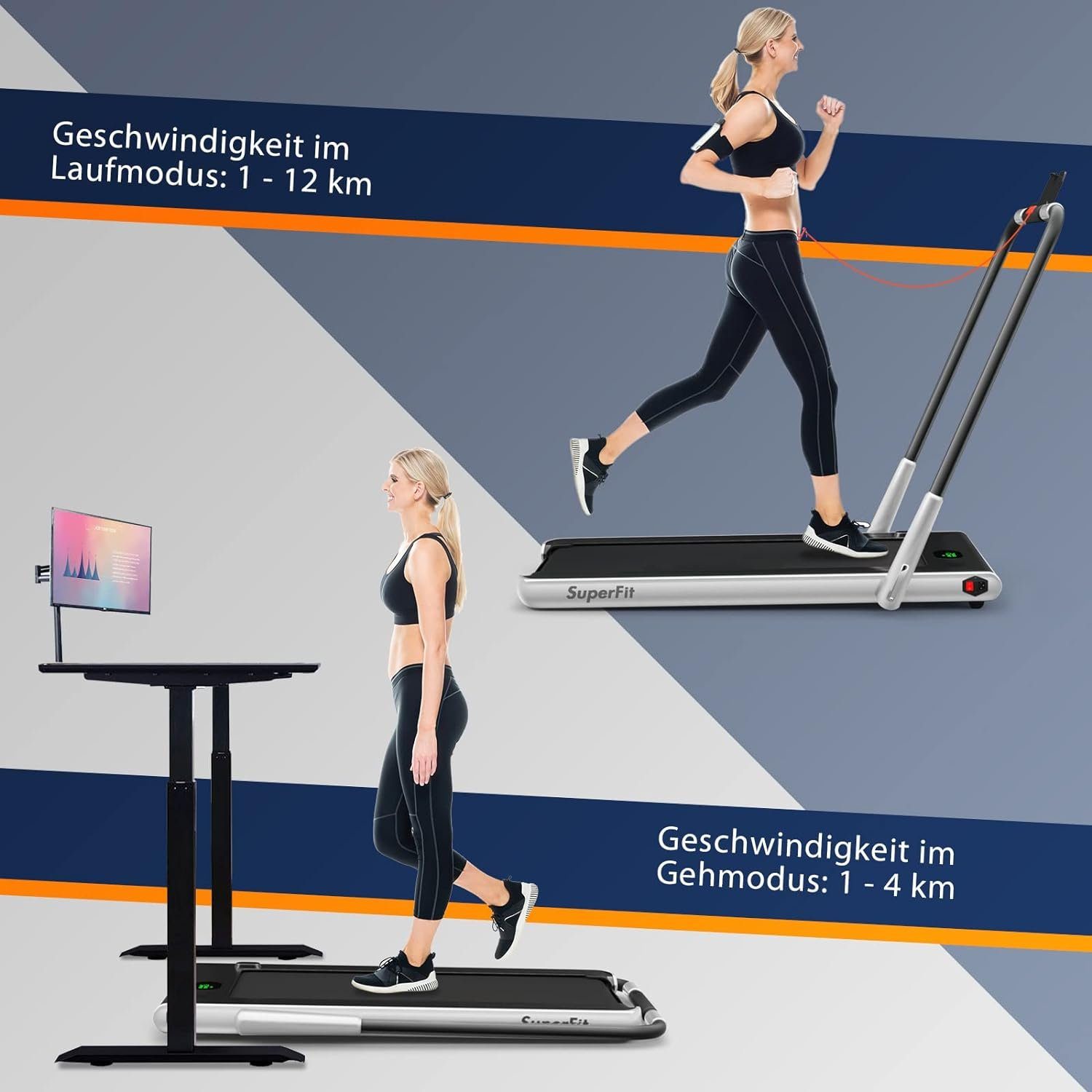 COSTWAY Laufband (2 in 1 Laufband klappbar 2,25HP, Walking Pad unter dem Schreibtisch), mit APP, Bluetooth und Fernbedienung, 1-12 km/h, Laufband für Zuhause