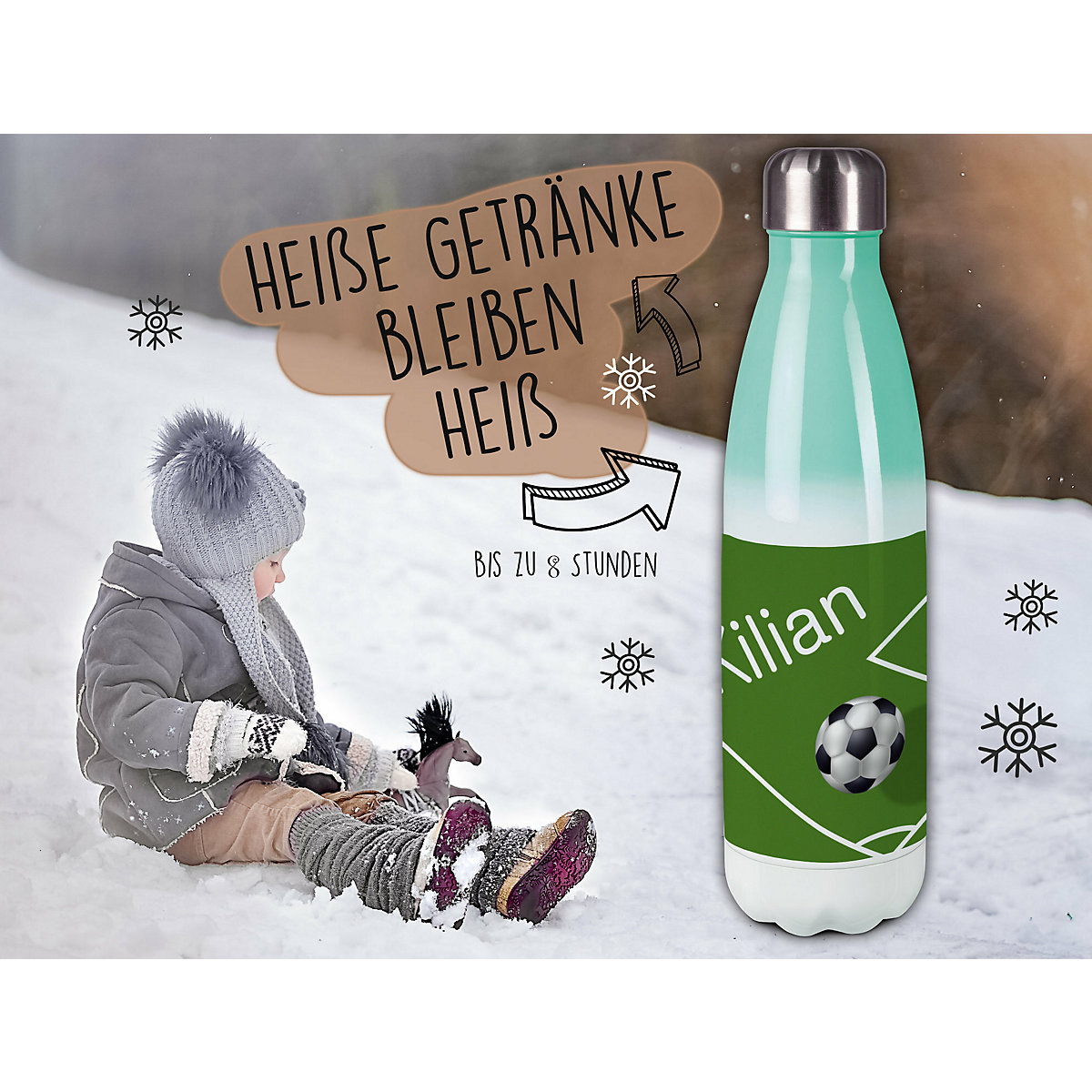 Edelstahl Kinder Thermoflasche / Trinkflasche bunt Fußball Spülmaschinenfest, Auslaufsicher, Bruchfest, Doppelwandig, Für Heißgetränke geeignet, Mit Deckel, Isoliert