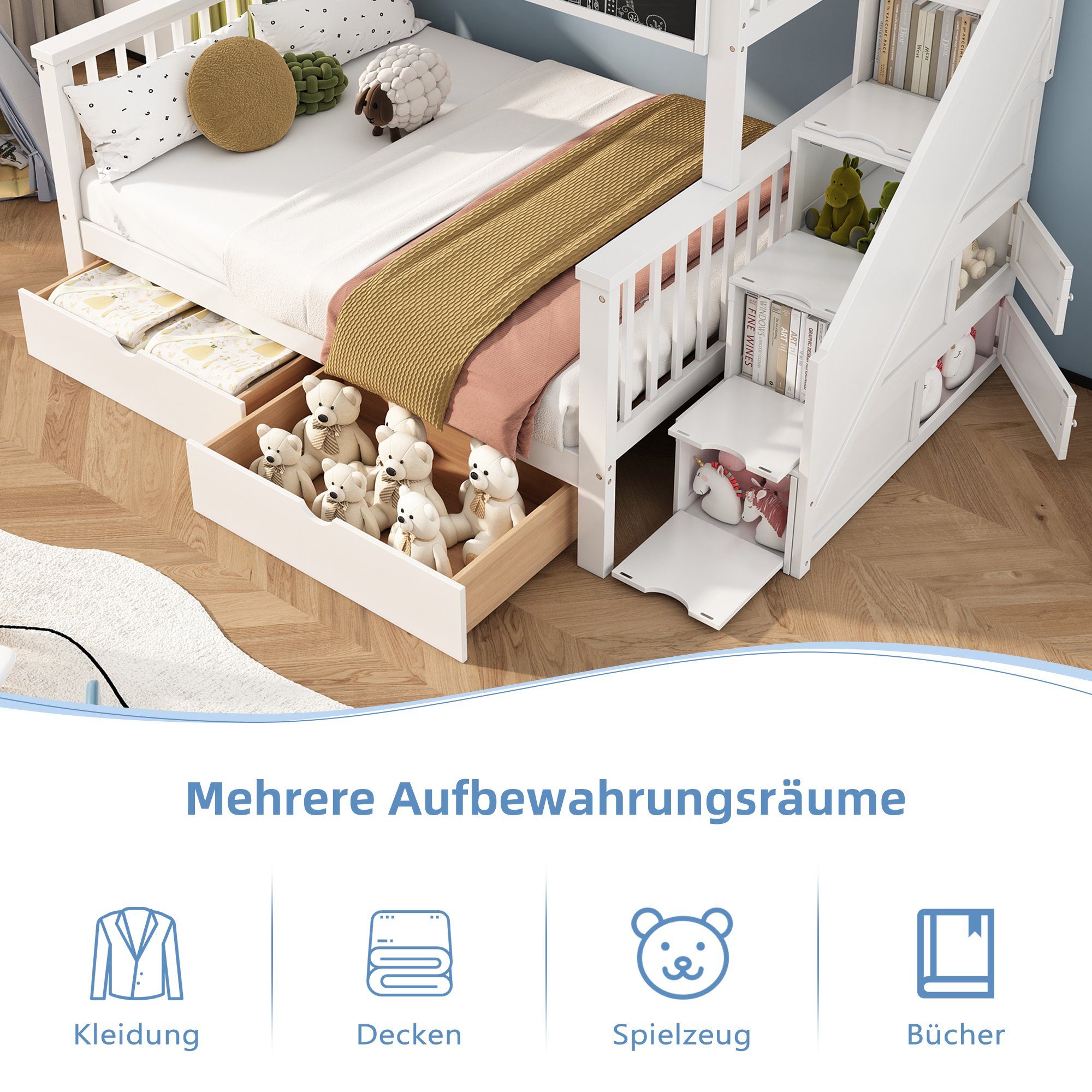 REDOM Etagenbett Kinderbett, mit Tafel Treppe Schubladen 90x200cm+140x200cm