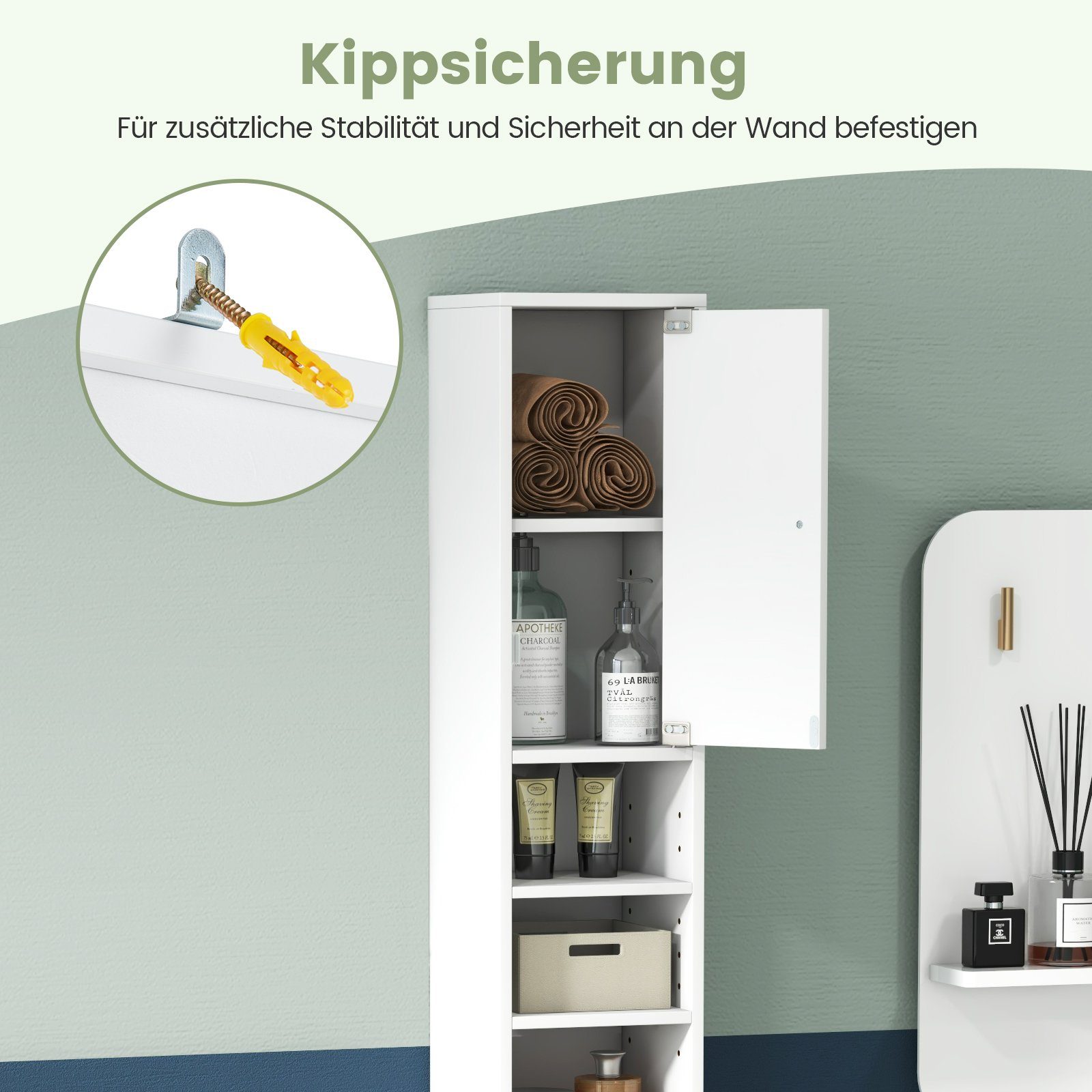 COSTWAY Hochschrank Bad, Schmal, mit Schublade, 2 Türen & Fächern, 180cm weiß