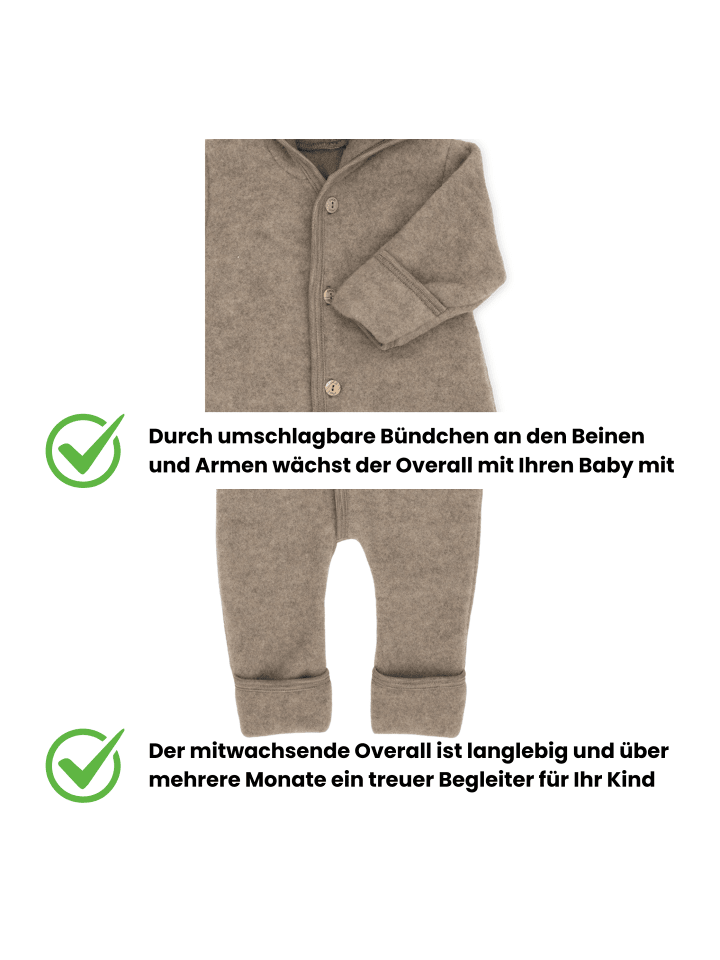 Kinderhaus Blaubär Baby-Overall mit Kapuze, Holzknöpfen & Mulltuch Blaubaer in Walnuss Melange günstig kaufen 50/56
