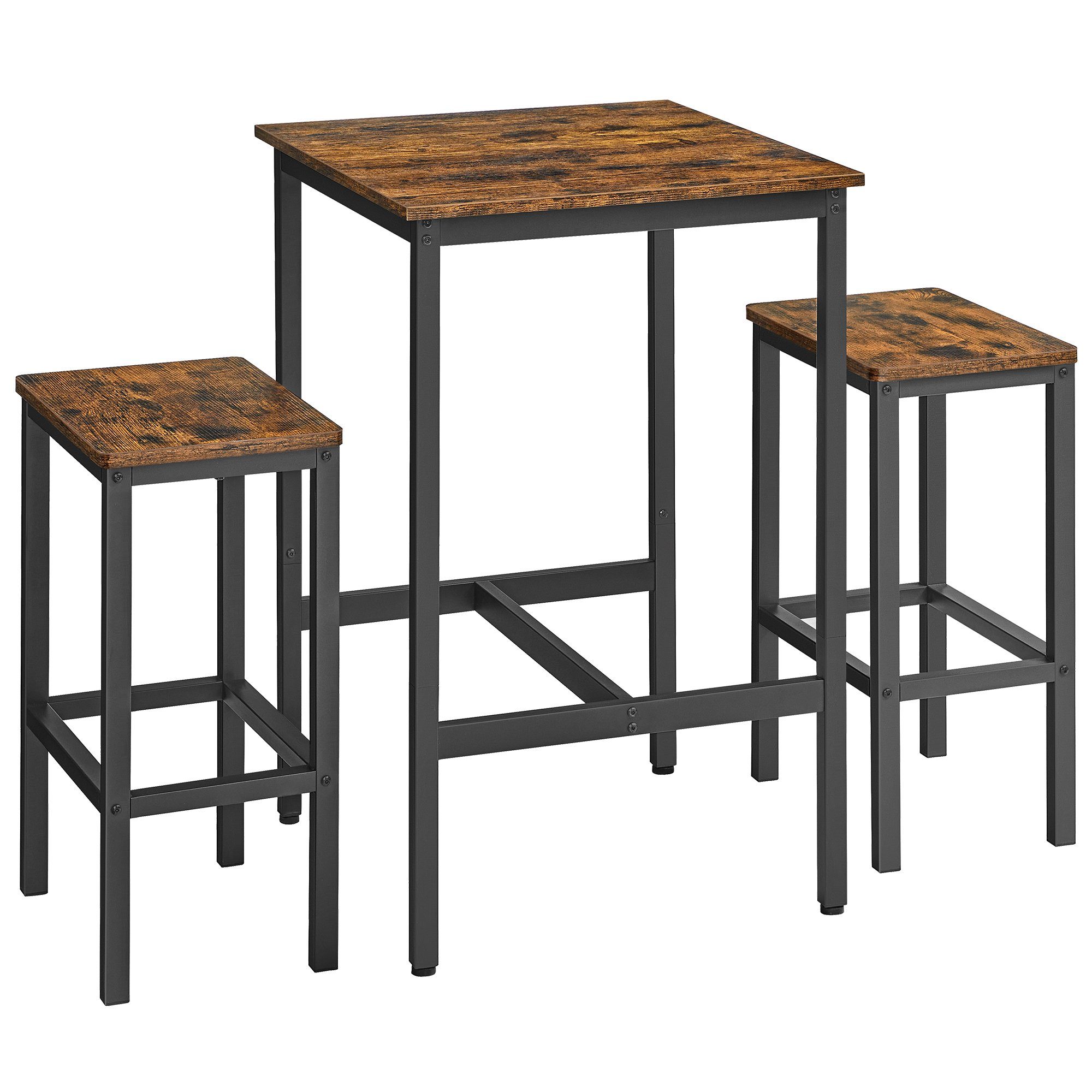 VASAGLE Bartisch Bartisch-Set, Esstisch(60 x 60 x 90 cm) mit 2 Barhochern