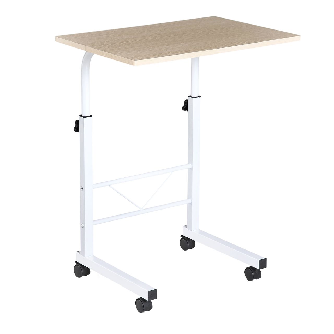 HOMCOM Beistelltisch höhenverstellbarer Couchtisch mobiler Endschreibtisch mit Rädern Feststellbremsen C-Tische Spanplatte Stahl Eisen Kunststoff Weiße Ahornfarbe 60 x 40 x 68-78 cm