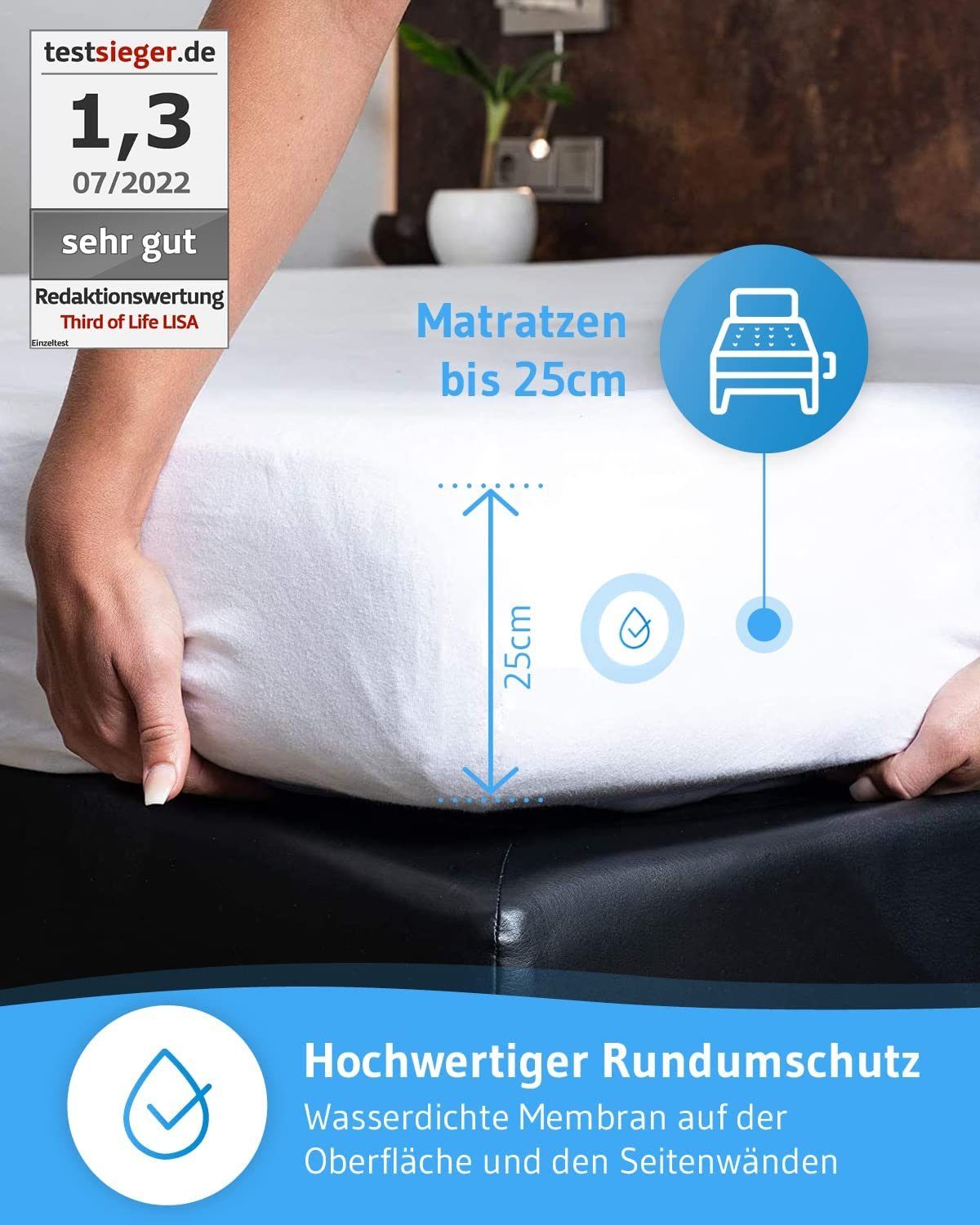 Matratzenschoner Atmungsaktive Matratzenauflage LISA Third of Life, 100% Wasserdichter Matratzenschutz, Matratzen-Topper mit Seitenwänden