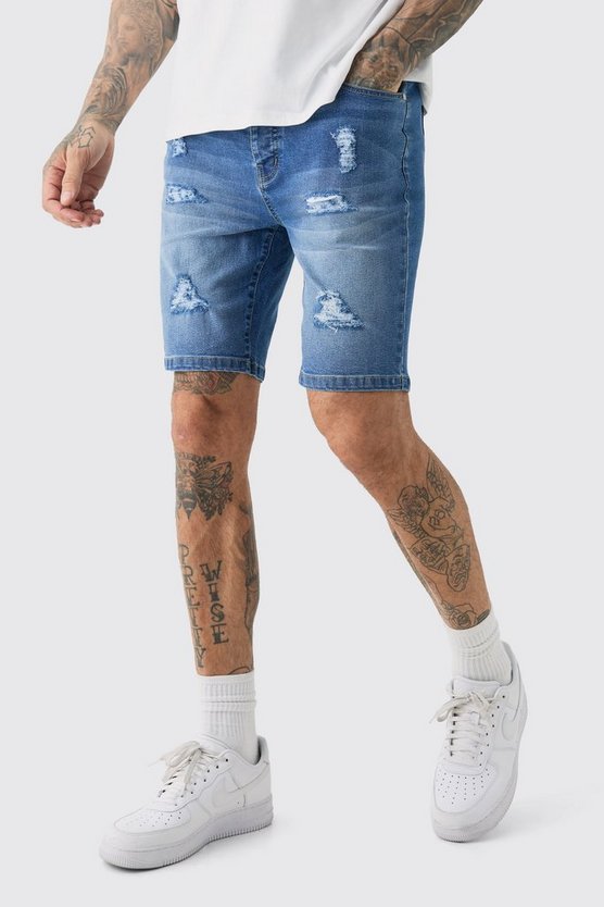 Tall zerrissene Skinny Shorts aus Stretch-Denim