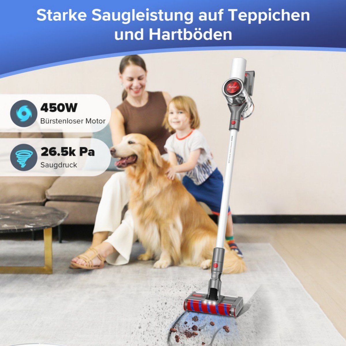 redroad Akku-Stielstaubsauger 17, 450,00 W, beutellos, 5 in1 Handstaubsauger, 26.5KPa Staubsauger Kabelloser Stielsauger