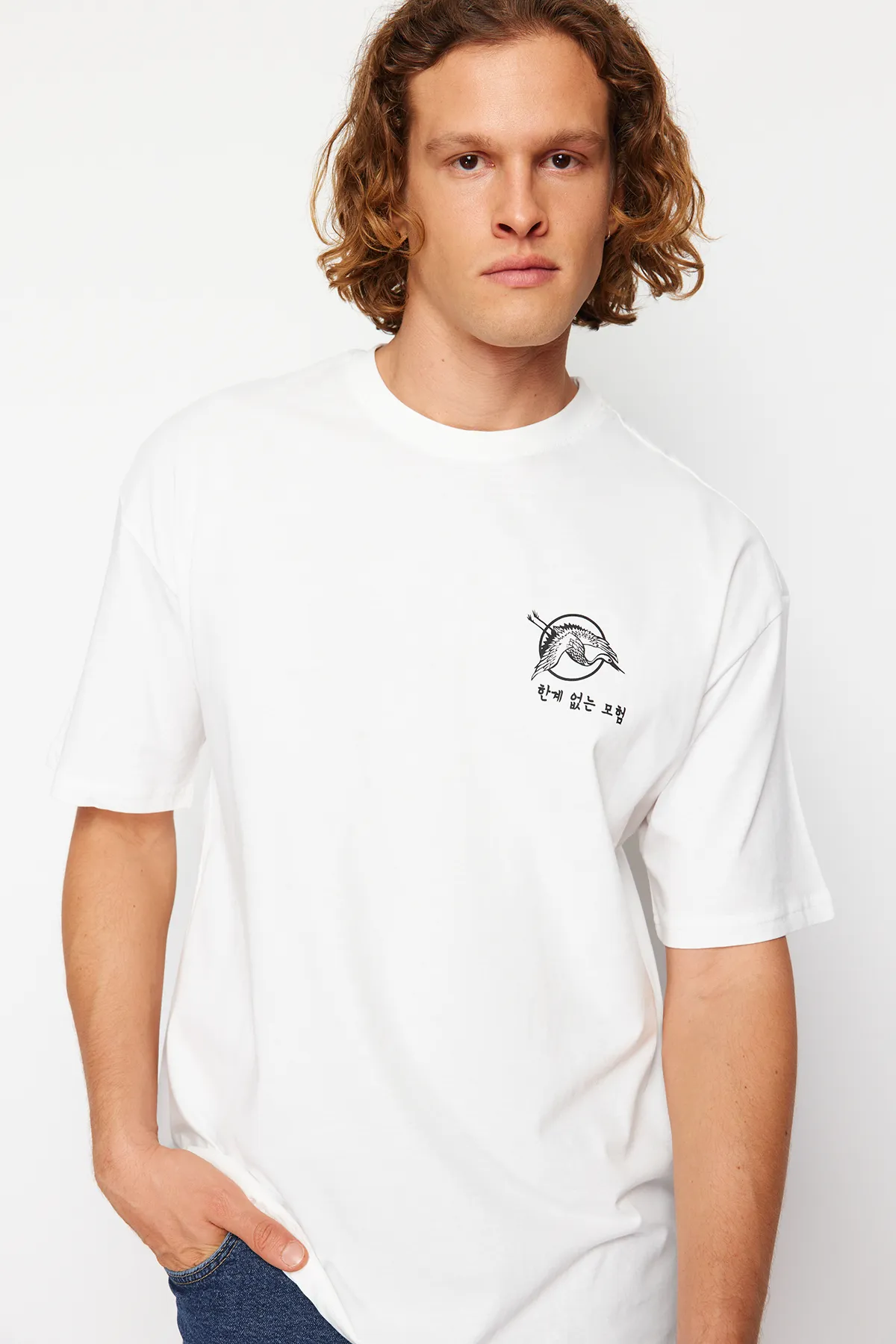 Trendyol Collection  Ecrufarbenes, übergroßes/weit geschnittenes, kurzärmliges, mit Fernost bedrucktes T-Shirt aus 100 % Baumwolle TMNSS23TS00170