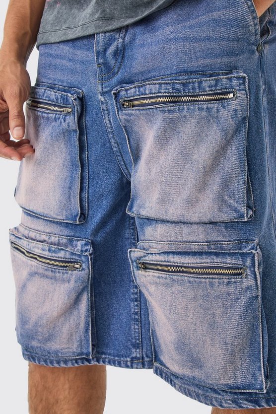 Pinke Denim Jorts mit Cargo-Taschen und Reißverschluss vorne