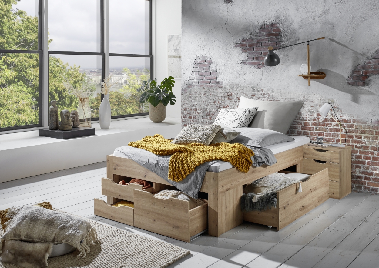 Relita Stauraumbett Noah 140 x 200 cm, ohne Lattenrost mit 5 Bettschubladen, Ausf. Eiche Artisan Dekor