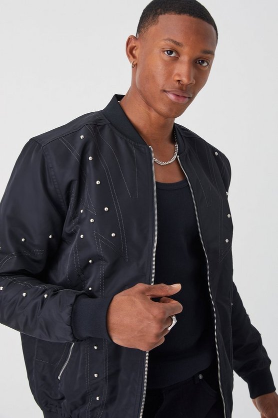 Nylon-Bomberjacke mit Nieten und Kontrast-Naht