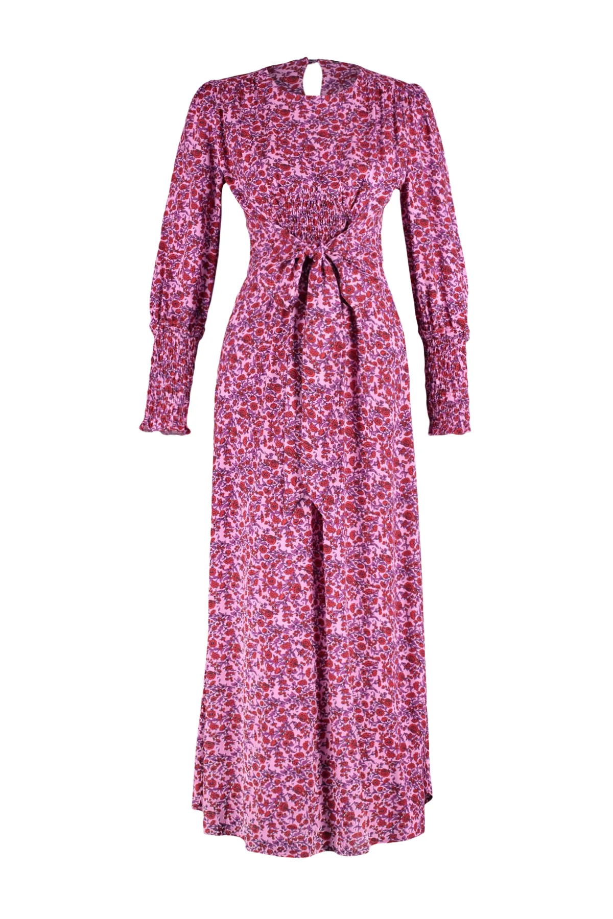 Trendyol Modest  Rosafarbenes Kleid aus gewebter Viskose mit Blumenmuster und Taillenöffnung TCTSS24EB00093