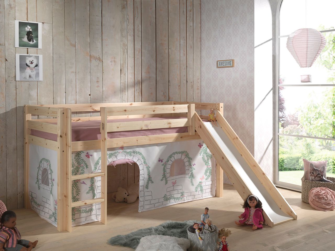 VIPACK Spielbett Pino inkl. Rutsche mit Textilset Vorhang 