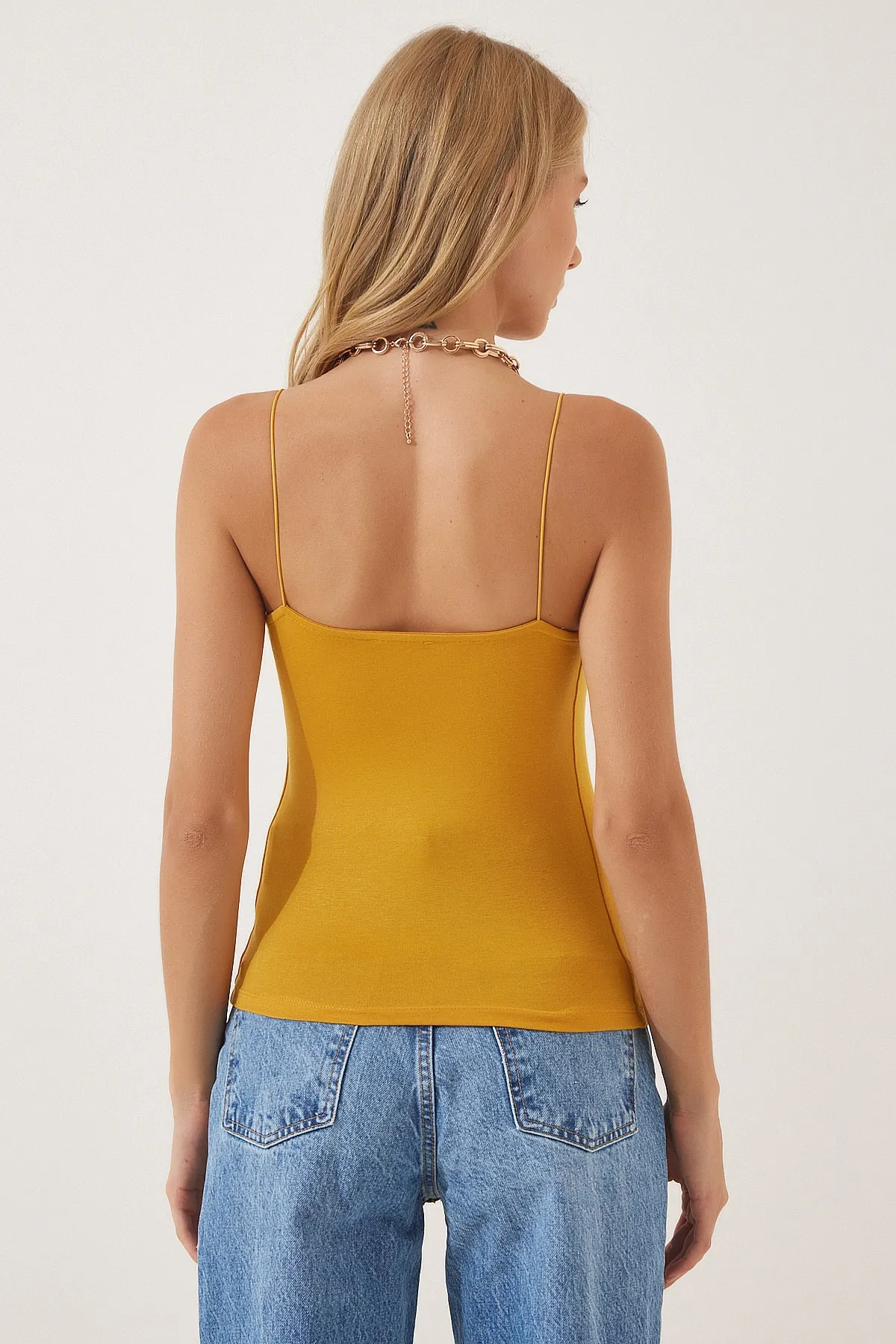 Happiness İstanbul  Dunkelgelbe gestrickte Body-Bluse mit Seilriemen für Damen LD00018