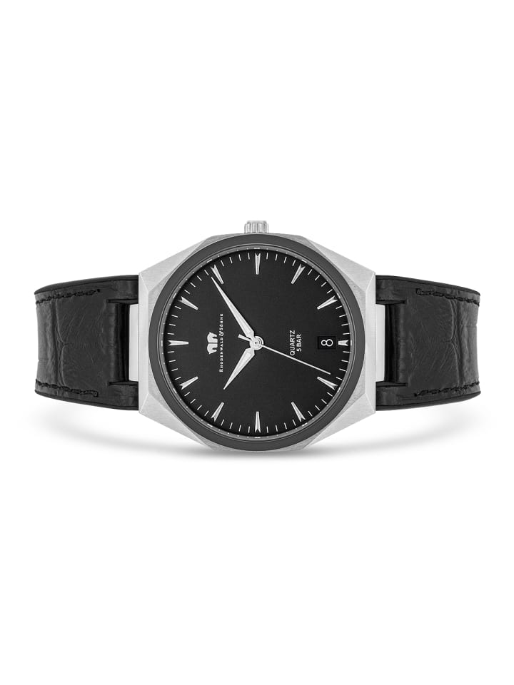 Rhodenwald & Söhne Herren Quarzuhr silber Echtleder/Silikon schwarz in schwarz günstig kaufen 21,5 cm