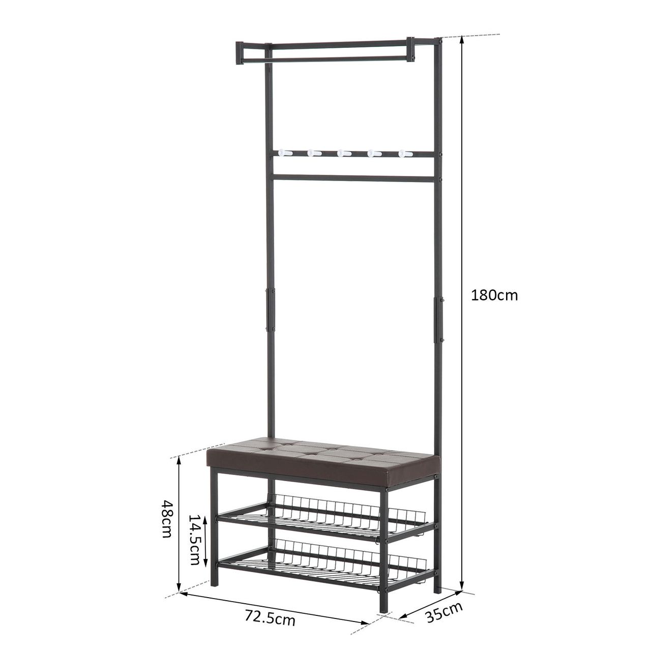 HOMCOM Garderobenständer Garderobenbank Kleiderständer Garderobe mit Sitzfläche und 2 Schuhablagen, Metall, 72,5x35x180cm