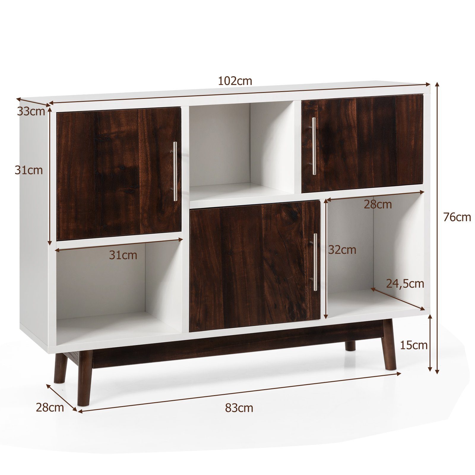 COSTWAY Sideboard, Bücherregal mit Türen & 6 Fächern, 102x33x76cm