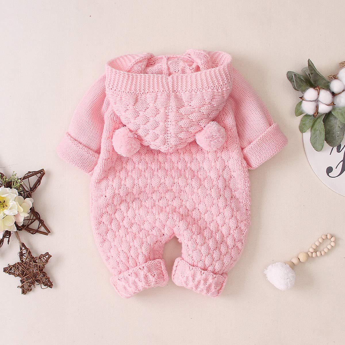 Haiaveng Strampler Baby-Ohr-Strick Overall mit Kapuze Winter Warmer