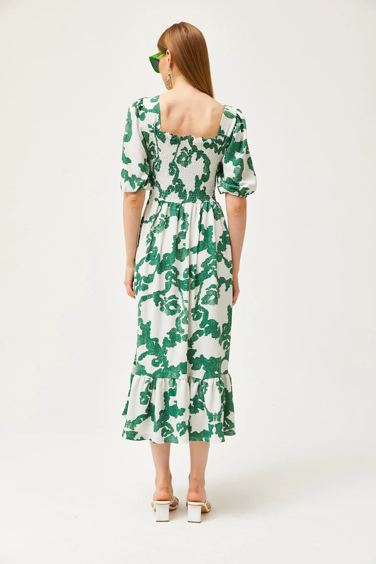 Olalook  Ecru-grünes Midi-Strickkleid mit Gimpen für Damen ELB-19002108