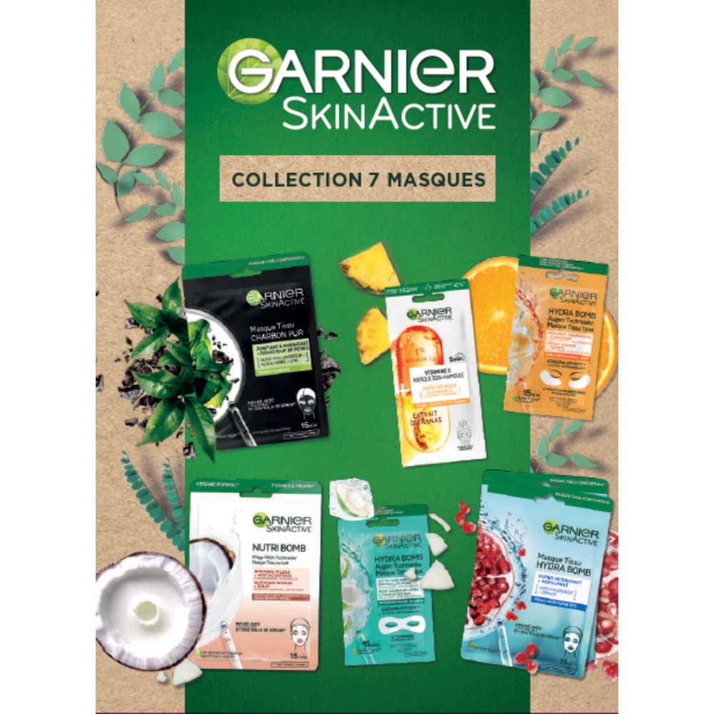 garnier Coffret 7 masques tissus de Garnier soin visage et yeux, - éclat, hydratation, nutrition, repulpant, purifiant