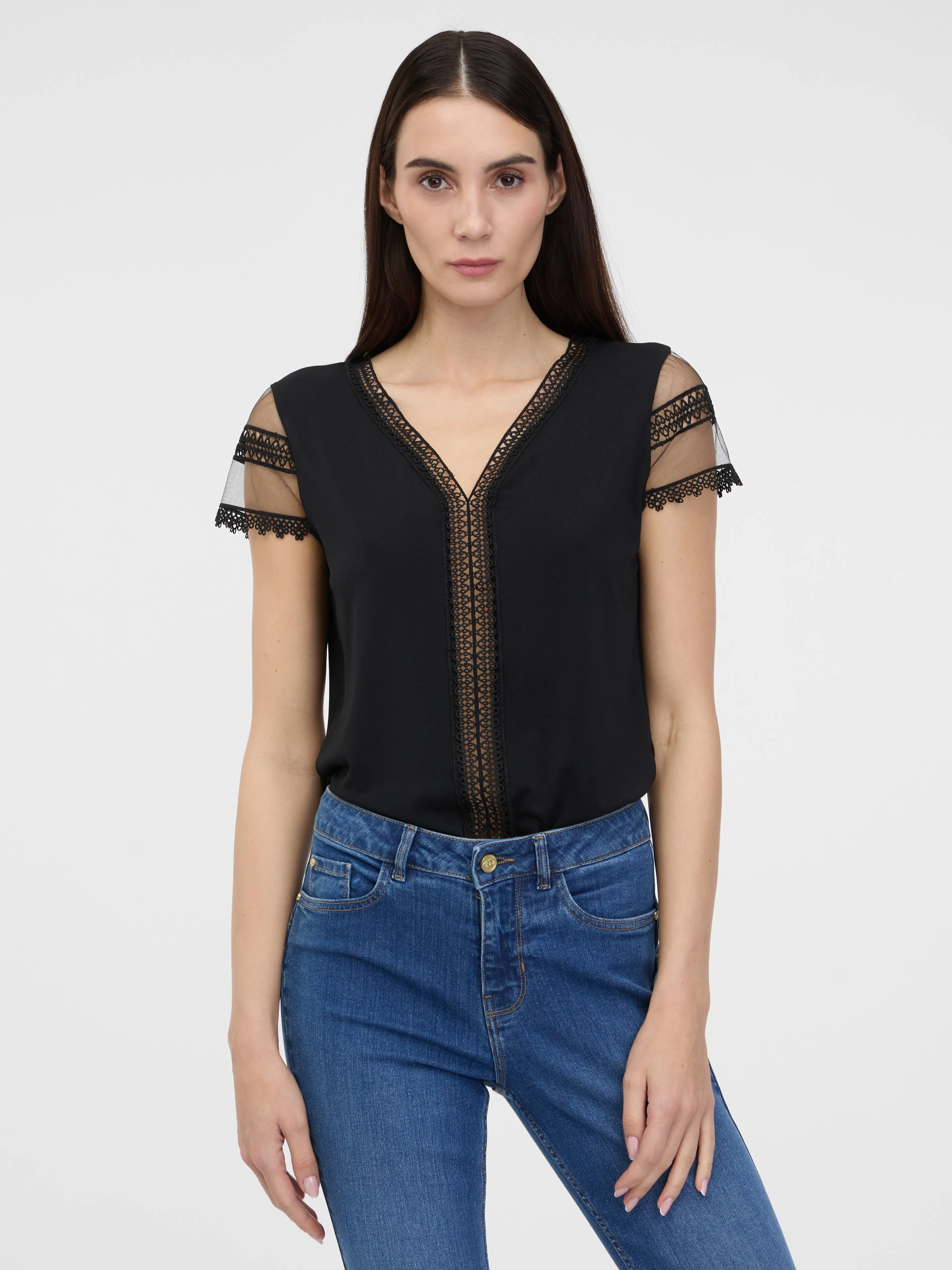 Schwarzes Damen-T-Shirt mit kurzen Ärmeln ORSAY