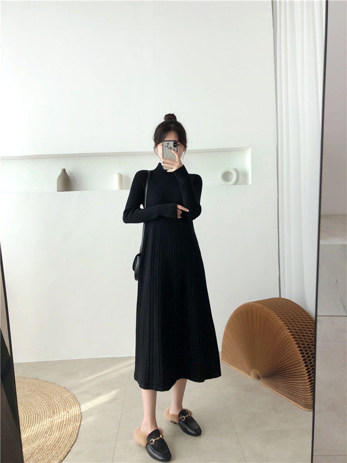 aikidio Stillkleid Strickkleid in A-Linie mit halbem Rollkragen