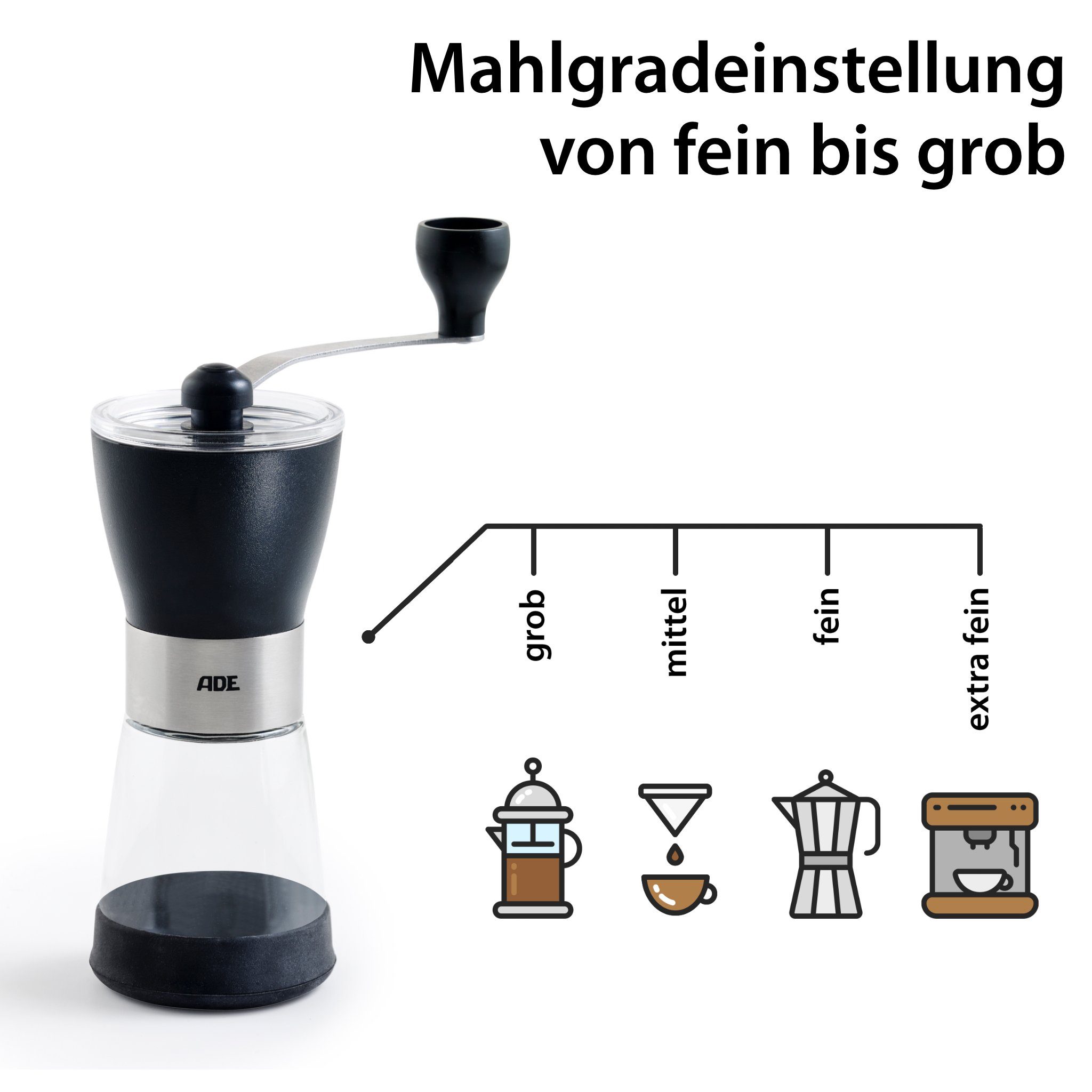 ADE Kaffeemühle manuell mit Aromabehälter aus Glas, Kegelmahlwerk, 65,00 g Bohnenbehälter, stufenloser Mahlgrad für French Press, Siebträger und Filterkaffee