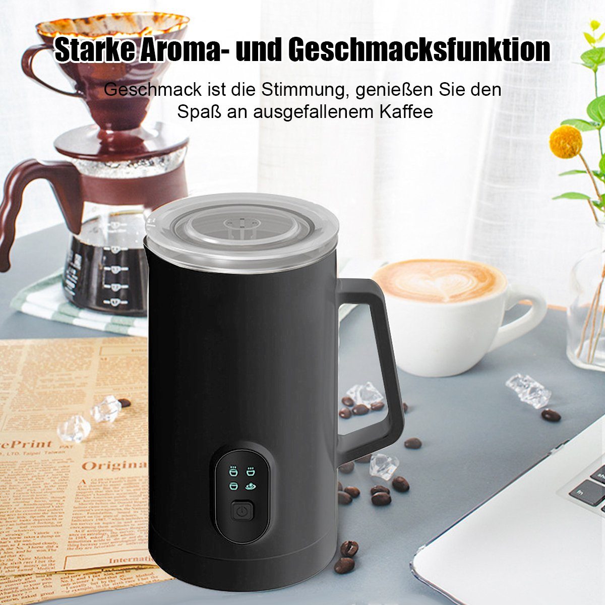 Hikeren Milchaufschäumer 4-in-1 Elektrischer Milchaufschäumer,400W,350ml für Heißer,Kalter, 400,00 W