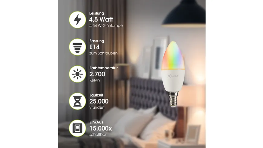 XLayer Smart Home WiFi LED E14 - 4.5 Watt Lampe - Birne Mehrfarbig, Dimmbar, Warm- und Kaltweiß