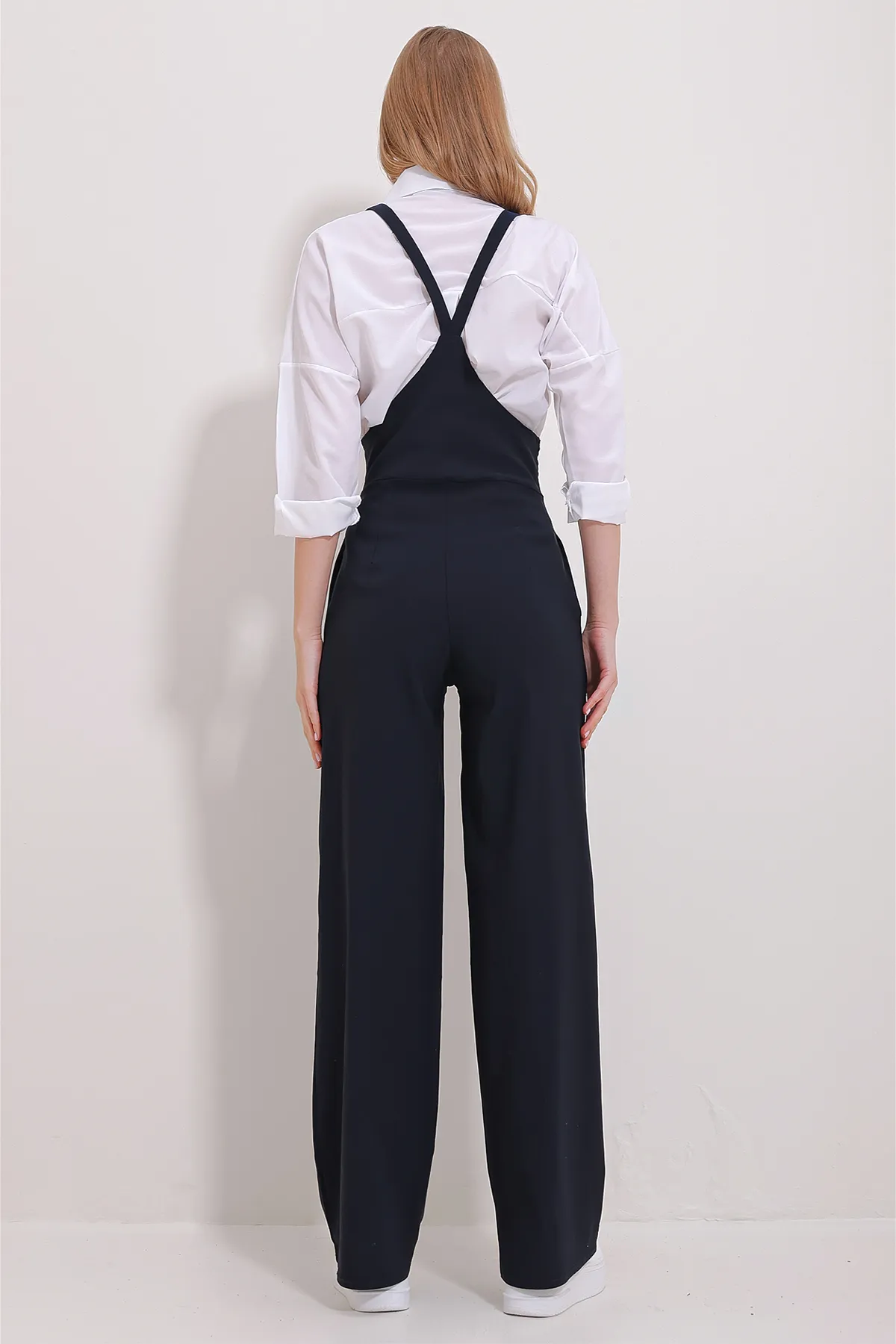 Trend Alaçatı Stili  Marineblauer Lycra-Overall mit zwei Taschen und Riemchen für Damen ALC-X11539