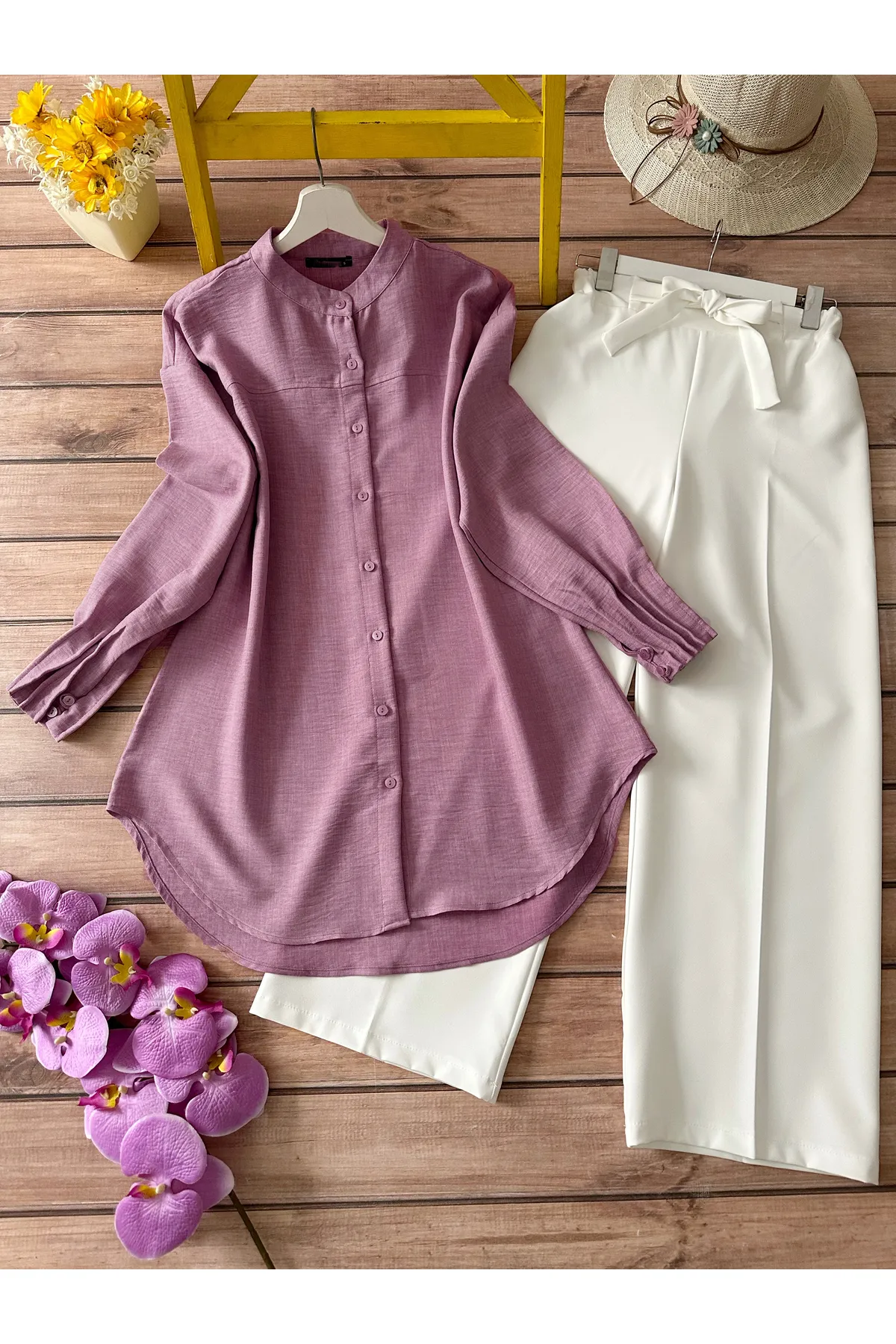 MODAQU  Kombi-Set aus gerippter Tunika und Hose - Dried Rose