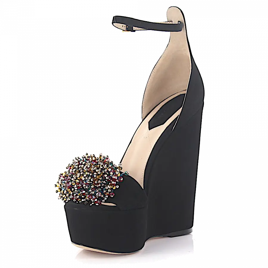 Elie Saab - Plateausandalen Veloursleder Wildleder Kristallverzierung schwarz - schwarz
