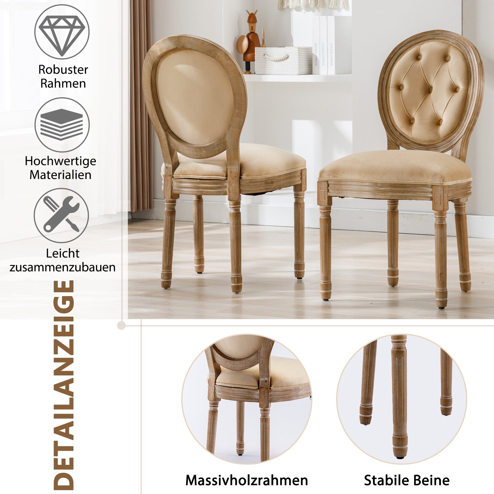 Ulife Polsterstuhl Esszimmerstühle aus Leinen,Knopfdesign Medaillon Stuhl (2 St), mit runden Rückenlehnen und Beinen aus Gummiholz