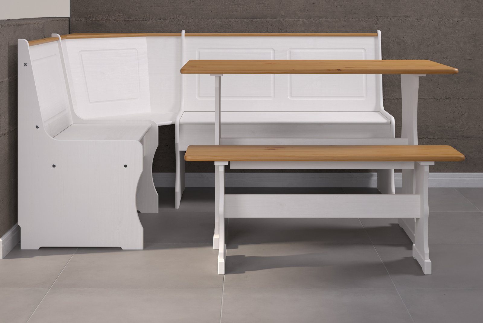INTER-FURN Eckbankgruppe Paterno, (Kiefer massiv, weiß und honigfarben gewachst, Komplett-Set 3-teilig), inklusive Esstisch und Bank