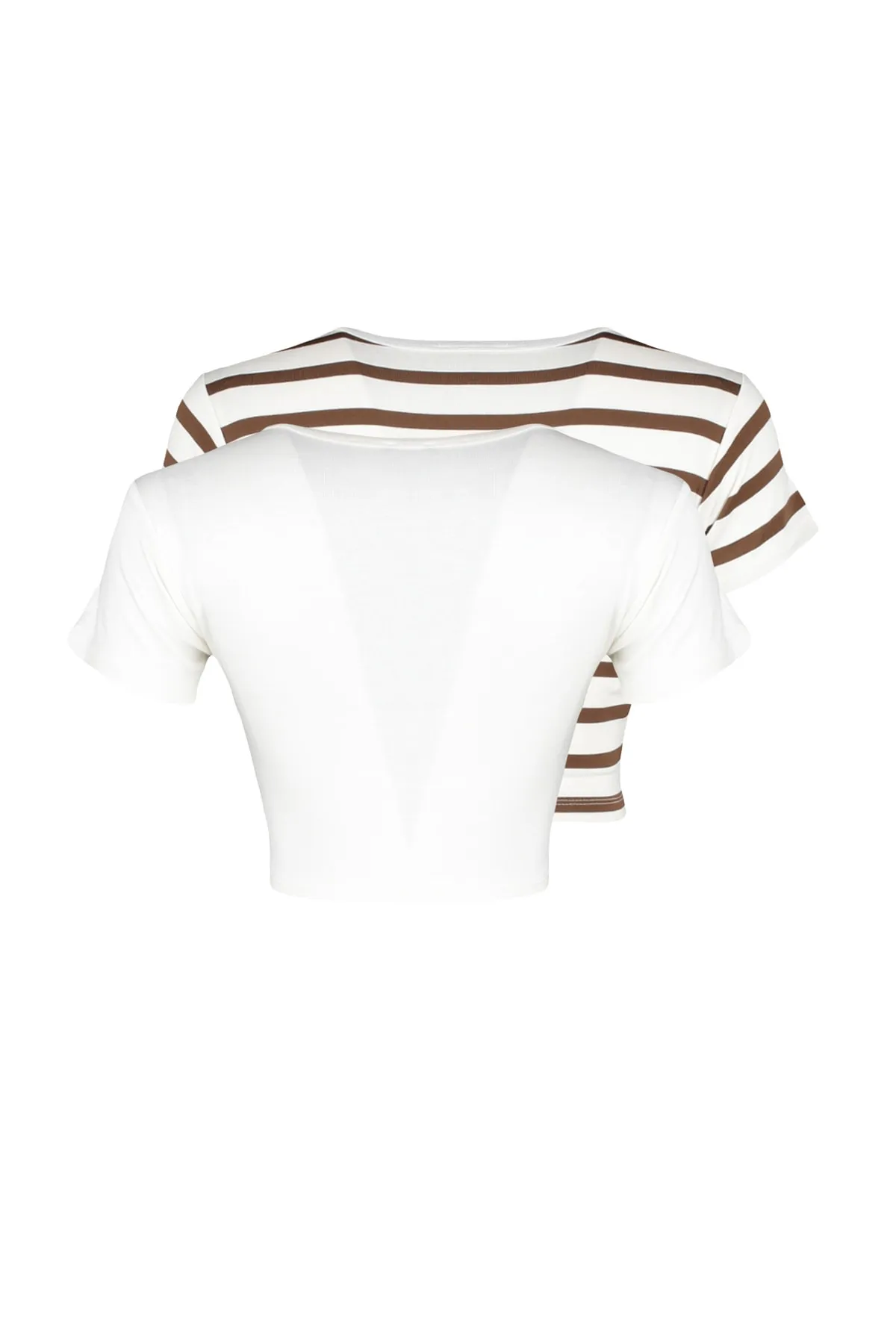 Trendyol Collection  Premium Ecru-Ecru Braun gestreifte 2er-Pack Viskose-Crop-Stretch-Strickbluse TWOSS23BZ00194