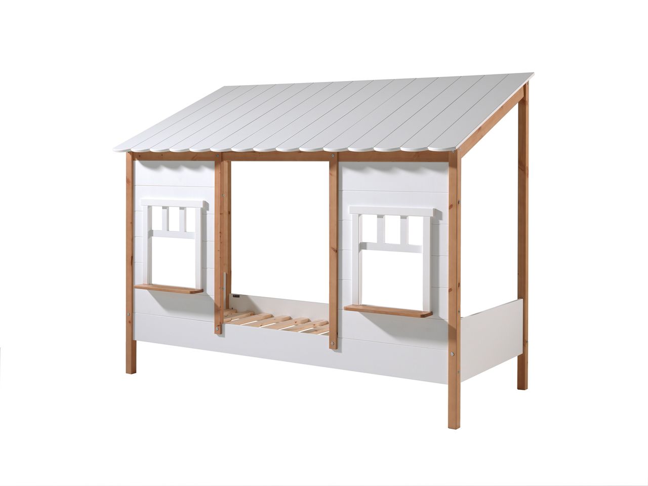VIPACK Landhausbett mit Dach, Liegefläche 90 x 200 cm, inkl. Lattenrost, Ausf. teilmassiv Kiefer, Farbe Oak/Weiß