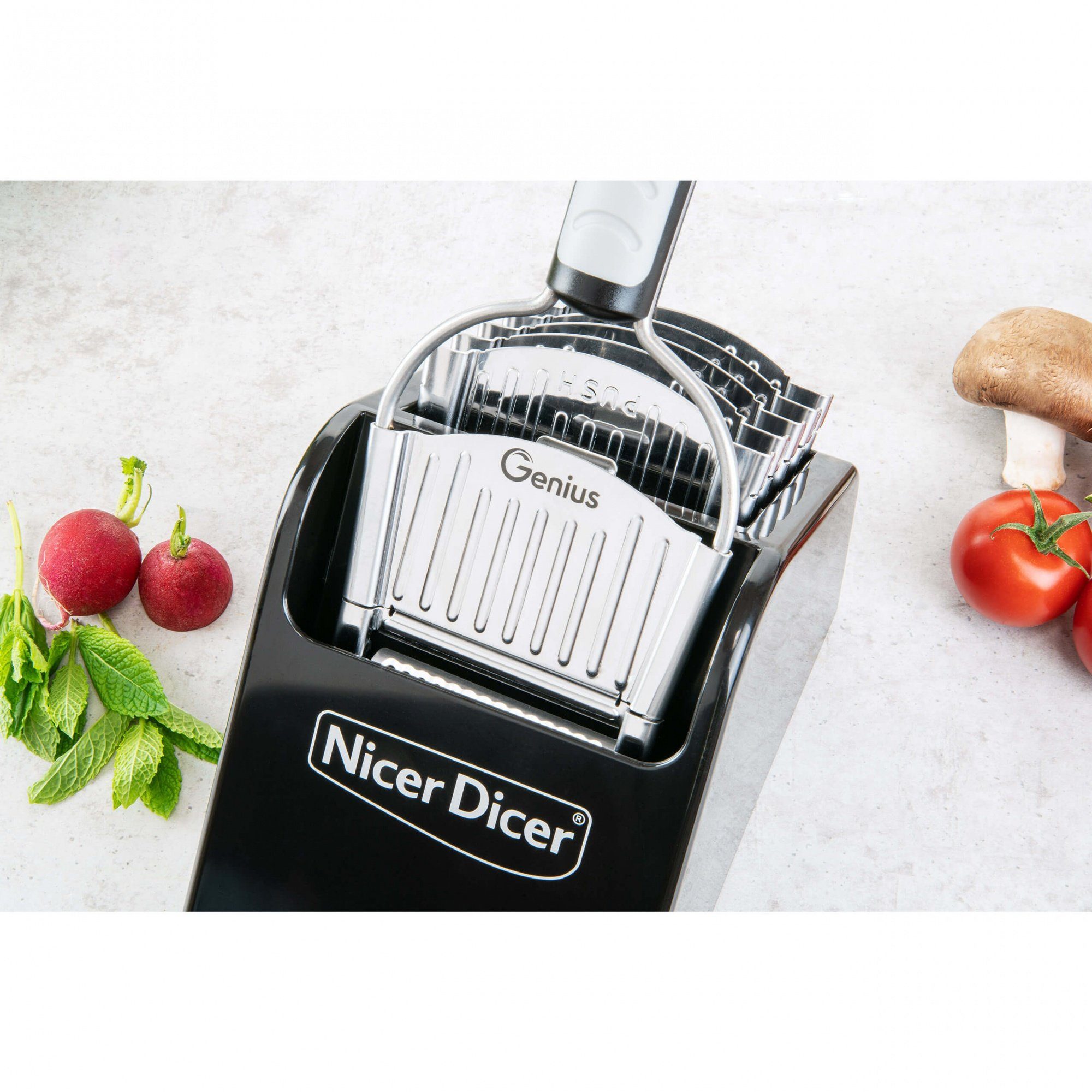 Genius Gemüseschneider Nicer Dicer Speed, 13tlg. Multihobel-Set mit V-Klinge aus Edelstahl, Kräuterroller, Aufbewahrungsbox