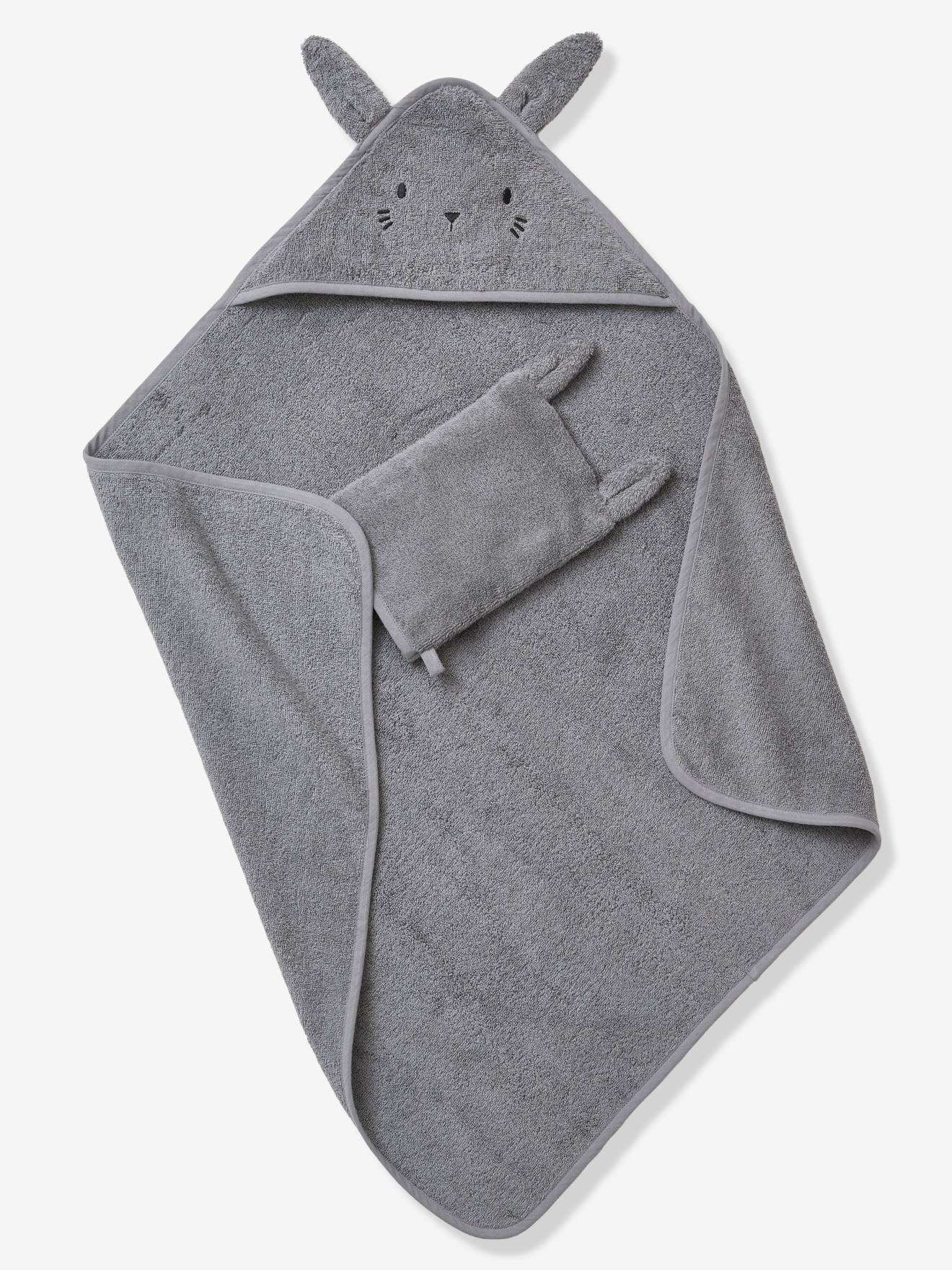 Vertbaudet Bio-Kollektion: Baby-Set aus Badetuch und Waschhandschuh - anthrazit/hase