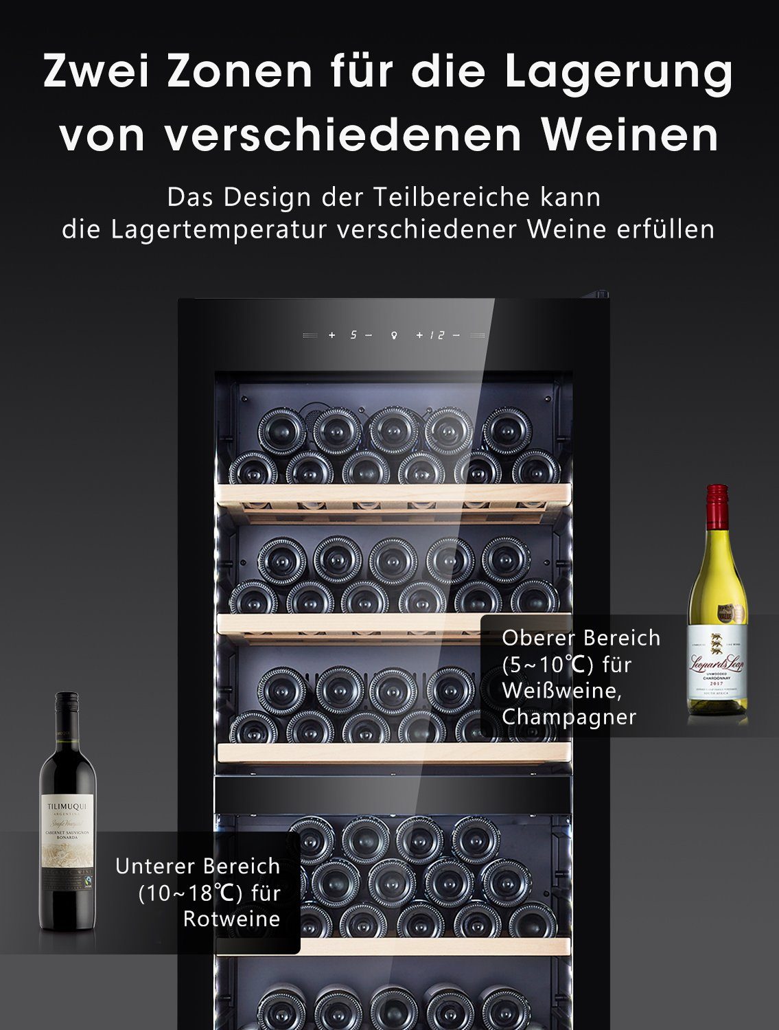 kalamera Weinkühlschrank KRC-266BFG Nouvelle version, für 84 Standardflaschen á 0,75l,2 Zonen